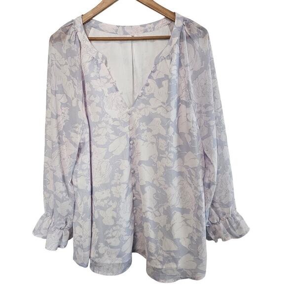 Boho Floral Blouse Women 2X White Button Sheer Balloon Sleeve Peasant Cottage - Picture 1 of 10